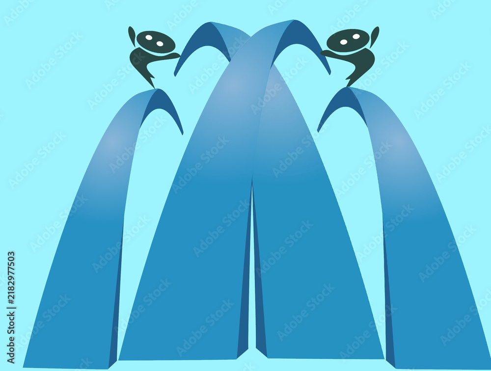 Fototapeta premium Abstract Blue Fountain With Playful Figures Celebrating Atop Arches Symbolizing Teamwork And Joy