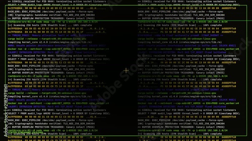Futuristic terminal screen showing cyber attack logs and network security code.