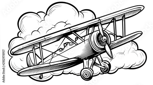 Vintage Biplane Line Art: Dramatic Low-Angle View with Cloud, Ideal for Aviation Themes and Retro Designs