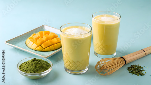 Vibrant Mango and Matcha Beverage Photography with Mint Blue Background
