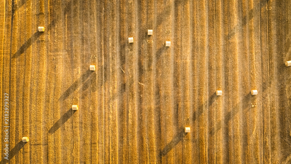 Obraz premium Harvested field with hay sheaves seen from above in Poland.