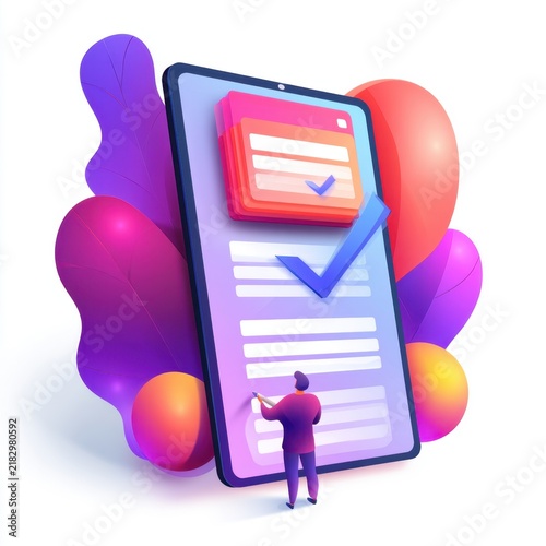 Illustration of a person completing an online digital form on a large tablet screen with colorful abstract leaves in modern vibrant style