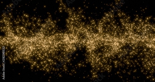 Cuadro en lienzo Glittering gold particle trails flying from center in black background