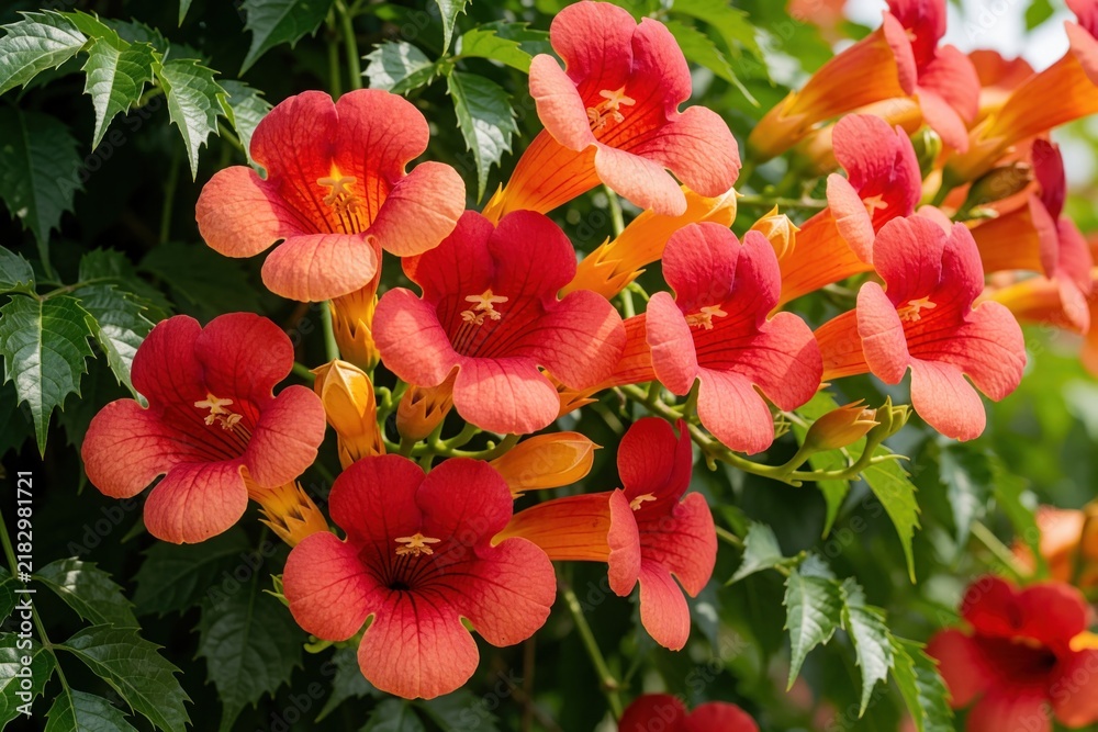 Obraz premium Bright red trumpet vine flowers bloom on green foliage. Trumpet shaped blossoms vibrant orange, red with delicate details. Plant thrives in sunny summer gardens attracting pollinators with nectar.