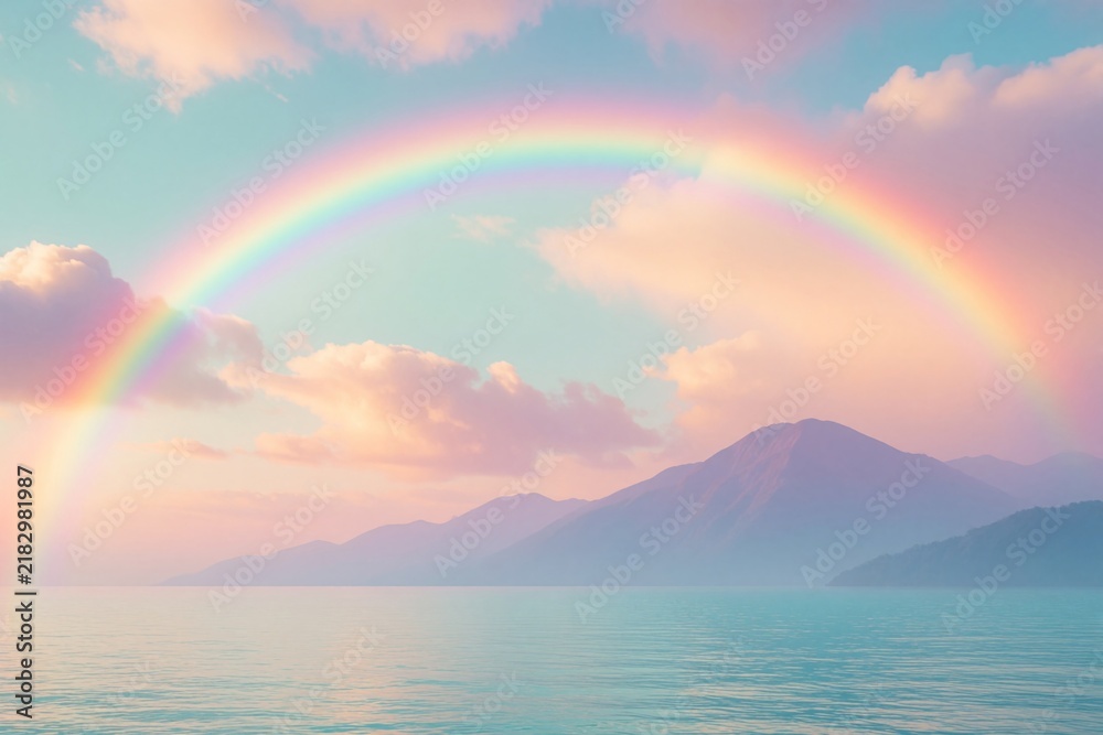 Obraz premium Vivid rainbow spans across calm ocean water at sunset. Soft colorful sky meets distant mountain range backdrop. Perfect natural scene for serene mood.