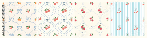 Coquette fruit and bow seamless pattern. Girly summer spring print for fabric, wrapping paper, decor, wallpaper.