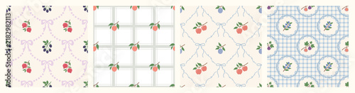 Coquette fruit and bow seamless pattern. Girly summer spring print for fabric, wrapping paper, decor, wallpaper.