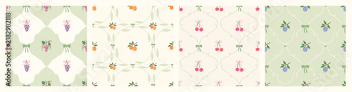 Coquette fruit and bow seamless pattern. Girly summer spring print for fabric, wrapping paper, decor, wallpaper.