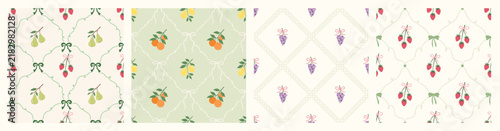 Coquette fruit and bow seamless pattern. Girly summer spring print for fabric, wrapping paper, decor, wallpaper.