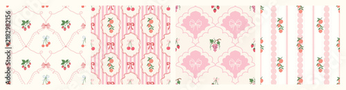 Coquette fruit and bow seamless pattern. Girly summer spring print for fabric, wrapping paper, decor, wallpaper.