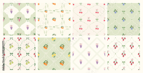Coquette fruit and bow seamless pattern. Girly summer spring print for fabric, wrapping paper, decor, wallpaper.
