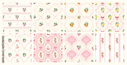 Coquette fruit and bow seamless pattern. Girly summer spring print for fabric, wrapping paper, decor, wallpaper.
