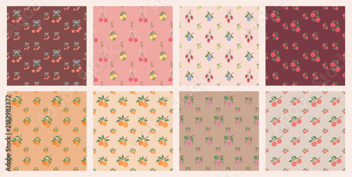 Coquette fruit and bow seamless pattern. Girly summer spring print for fabric, wrapping paper, decor, wallpaper.