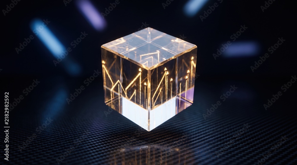 Fototapeta premium A glowing glass cube with etched upward trending financial charts floating above a textured surface with graphs arrows suspended carbon fiber surface glowing golden line suspended over dark growth