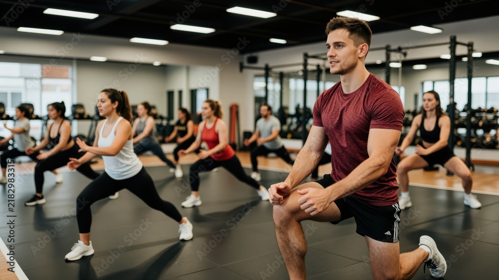 Fototapeta premium Group of diverse young adults participating in a fitness class with stretching exercises in a modern gym, healthy lifestyle, physical activity, and wellness concept