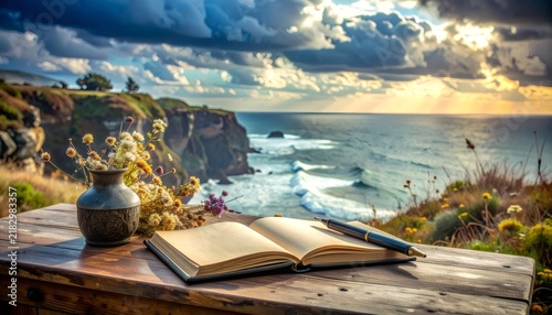 Open book, pen, and flowers on table overlooking ocean