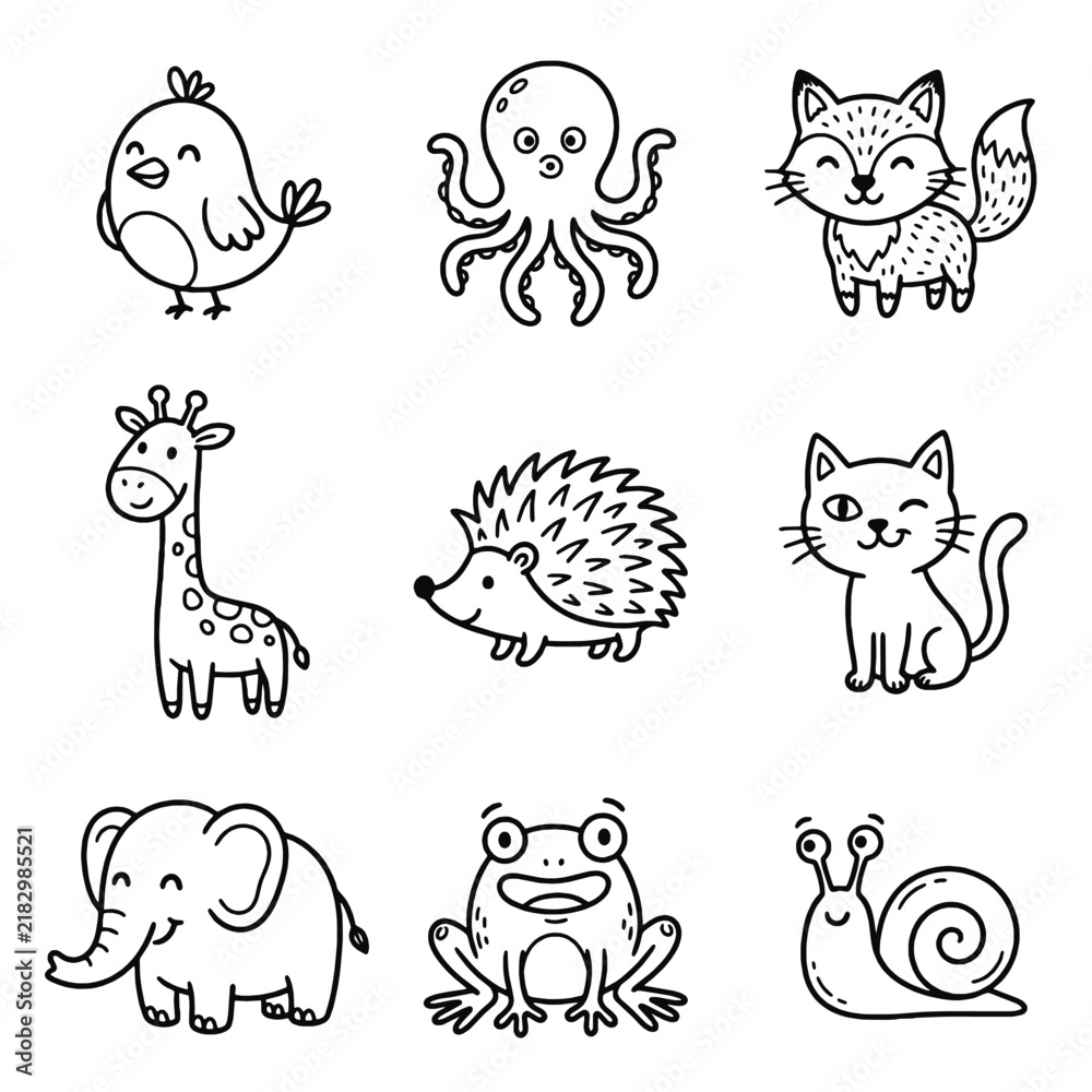 Obraz premium Cute cartoon animals black and white outline doodle illustration set for coloring book