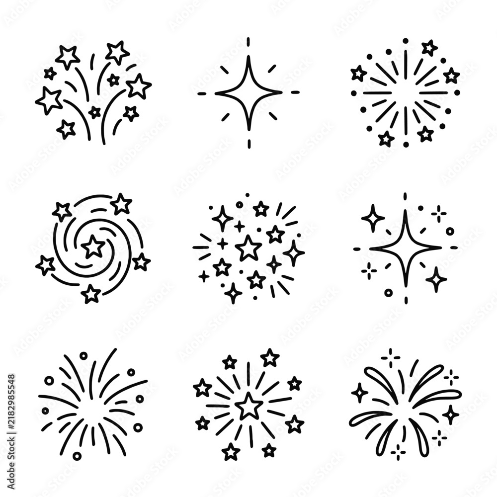 Obraz premium Set of black outline icons featuring fireworks stars sparkles and celebration elements