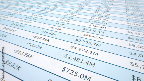 Closeup financial income table and accounting document on screen, live business sale data analysis spreadsheet, company balance sheet finance number statement, product market revenue statistics report