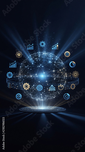 Futuristic digital icons rise from a glowing platform in a dark virtual space. Cloud connectivity and smart automation visualize modern data infrastructure for business technology.  