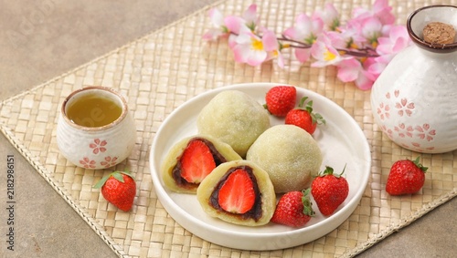 Daifuku, a traditional Japanese sweet made from soft and chewy mochi rice cake filled with sweet red bean paste.