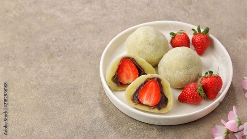 Daifuku, a traditional Japanese sweet made from soft and chewy mochi rice cake filled with sweet red bean paste.