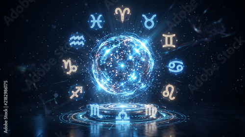Glowing zodiac wheel with astrological symbols and a luminous celestial sphere in a dark cosmic scene. Ideal for horoscope, astrology, prediction, spirituality, and mystical fortune content.  