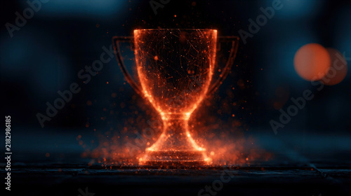Glowing Orange Holographic Trophy on Dark Wood, Surrounded by Sparkling Dust, Ideal for Awards and Achievements.