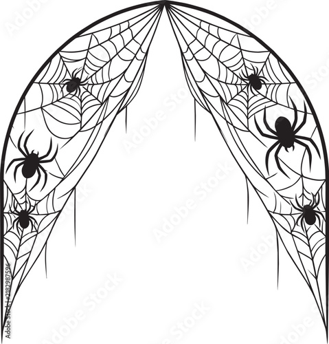 Halloween spiderweb arch frame with crawling spiders and gothic cobwebs isolated on white background