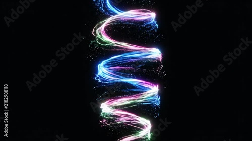 Abstract glowing light trail spiral animation on black background for motion graphics.