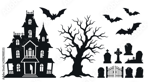 Принти на полотні Halloween vector silhouette set featuring a creepy haunted house, a bare gnarled tree, flying bats, several cemetery gravestones with crosses, and a wrought-iron graveyard gate