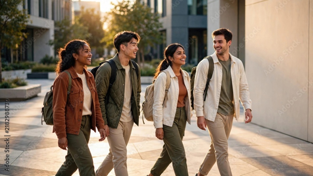 Fototapeta premium Diverse Group of Friends Walking Through Modern Urban Campus