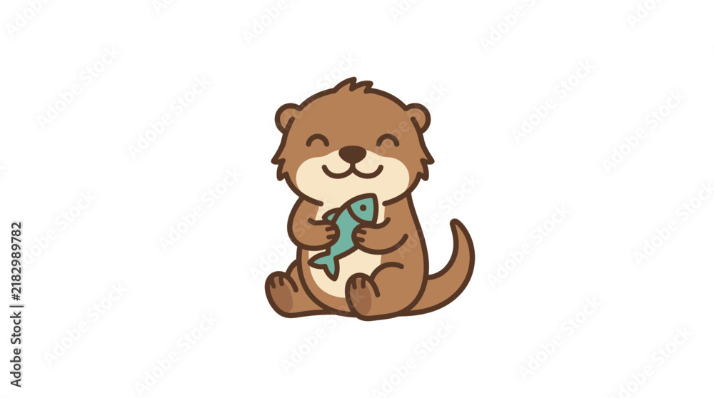 Obraz premium Cute otter cartoon holding fish, isolated on transparent background