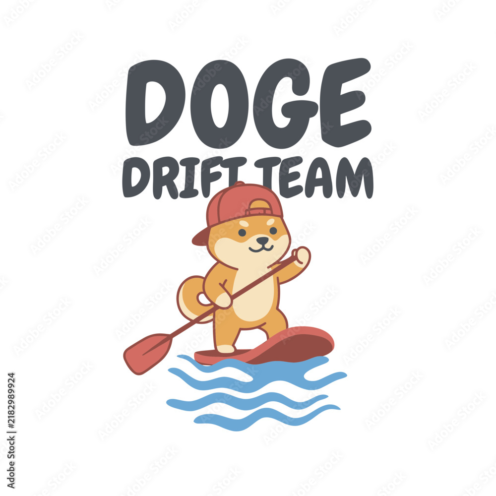 Fototapeta premium Cute Cartoon Shiba Inu Dog Paddleboarding with Doge Drift Team Text.