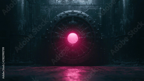 Imposing Circular Vault Door with Glowing Pink Center in Dimly Lit Industrial Setting, Mysterious and Secure.
