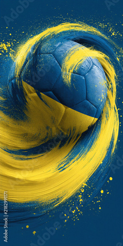 Dynamic Ukrainian Soccer Ball with Swirling Blue and Yellow Paint Trails on Deep Blue Background