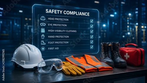 Futuristic safety compliance hologram checklist over construction worker protective gear on dark industrial background