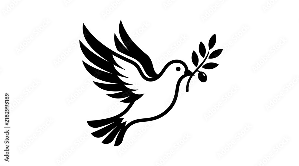 Fototapeta premium Black and white illustration of a flying dove holding an olive branch.