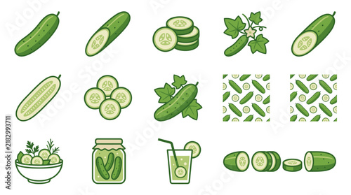 Collection of Fresh Cucumbers and Cucumber Products in Various Forms.