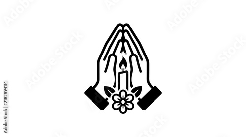 Minimalist icon of praying hands with a candle and a flower.