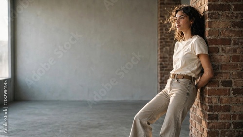 Pensive Woman Leaning Against Industrial Brick Wall