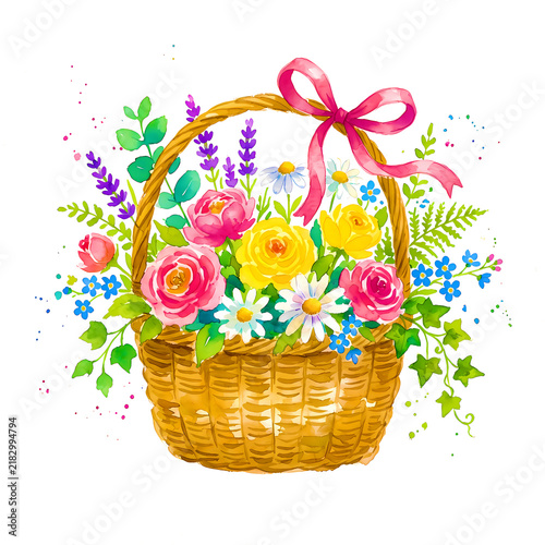 Beautiful Flower Basket Watercolor Illustration with Colorful Blooms and Delicate Botanical 