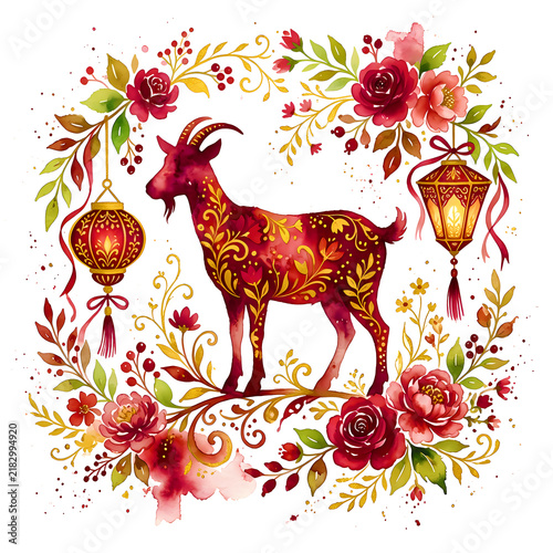 Elegant Goat Silhouette with Floral Botanical Elements in Delicate Watercolor Nature Inspired Artwork