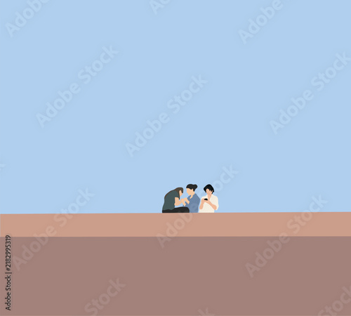 Group of friend sit together on ledge with phone for network sharing, data sync or communication  for social media or connection.