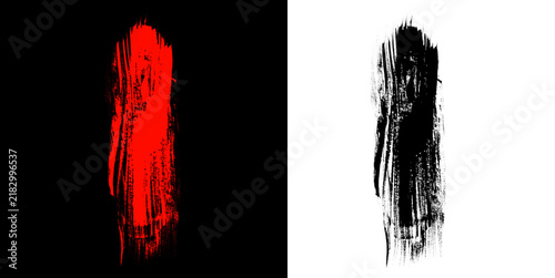 Textured red ink brush stroke with heavy distressed splatter on split black and transparent grid background for creative overlays.