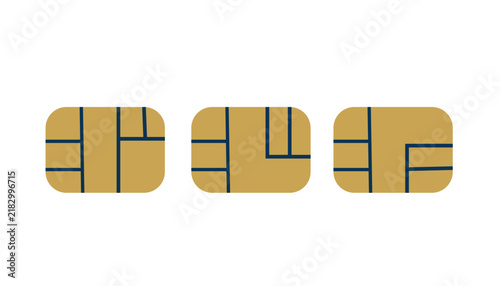 Three golden electronic smart card chips for secure financial transactions and digital identification systems shown as an isolated object on transparent isolated on transparent background