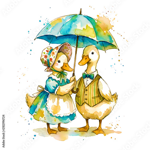 Adorable Cute Duck Couple Standing Together in Loving Pose Watercolor Illustration for Romantic Designs