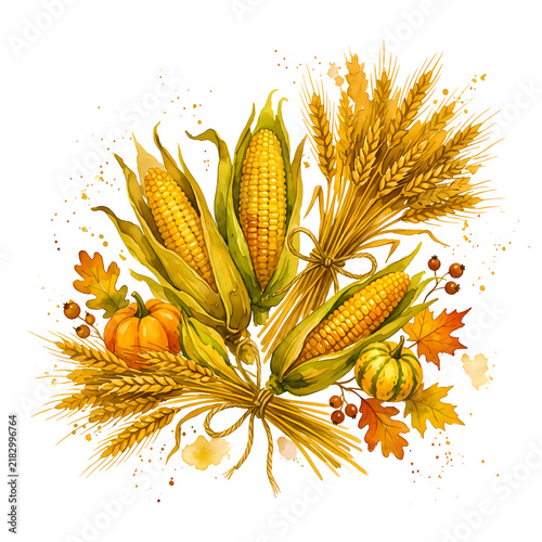 Golden Corn and Wheat Harvest Arrangement Watercolor Illustration for Autumn Agriculture and Thanksgiving Designs