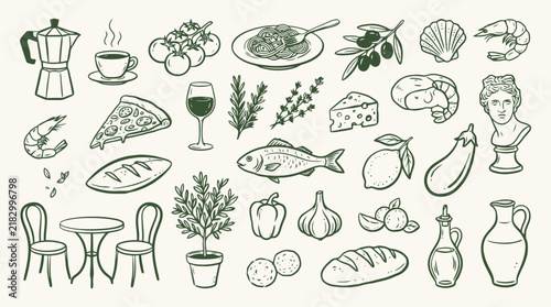 Mediterranean Food Doodle Set – Hand Drawn Line Art Cuisine Illustration Collection