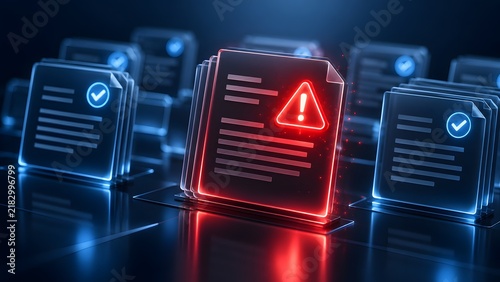 Glowing digital document folders highlighting a red warning alert among secure files demonstrating cyber threat detection and corrupted data
